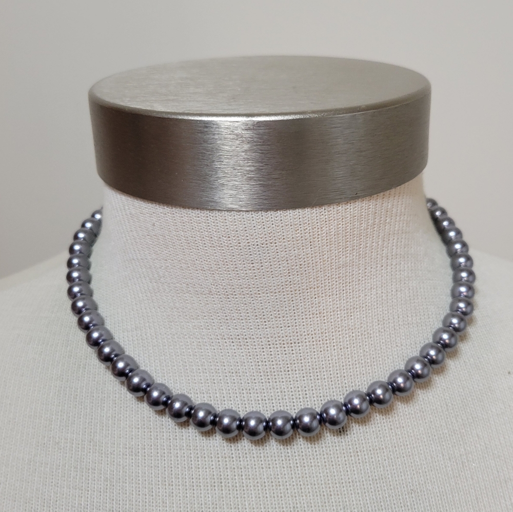 Hand Crafted Gray Faux Pearl Necklace Lobster Clasp